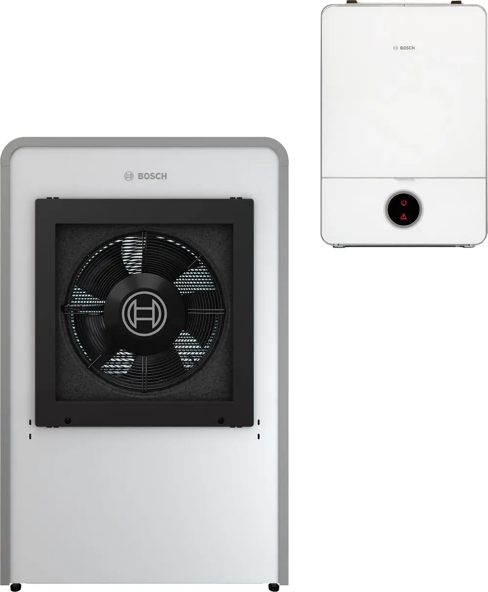 Luft/Wasser-Wärmepumpe von Bosch mit einem großen Ventilator auf der Vorderseite und einem kompakten, weißen Steuergerät im oberen Bereich.
